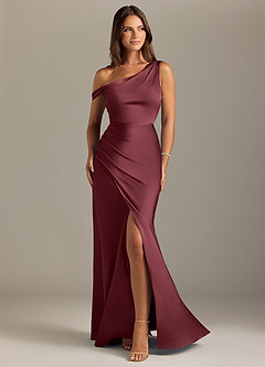 Azazie Madelyn Brautjungfernkleider Wandelbar Meerjungfrau-Linie Schulterfrei Stretch-Satin Kleid Merlot image1