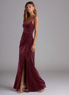 Azazie Maci Bridesmaid Dresses Raspberry Sheath Pleated Velvet Dress image3