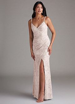 Azazie Leo Bridesmaid Dresses Blushing Pink Sheath Pleated Floral Burnout Dress image3