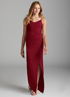 Azazie Deandra Junior Burgundy Sheath Mesh Dress image3