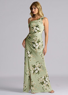 Azazie Madelyn Vestidos de damas de honor Vestido de Enredaderas Florales de Satén Elástico de Corte Sirena Convertible con Hombro unilateral image7