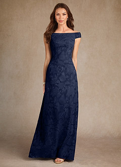 Azazie Moore Mother of the Bride Dresses Dark Navy A-Line Boatneck Floral Burnout Dress image3