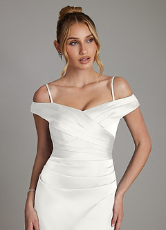 Azazie Teyana Bridesmaid Dresses White Sheath Off the Shoulder Stretch Satin Dress image3