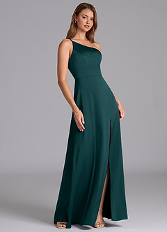 Azazie Trina Robes de demoiselle d'honneur Robe Trapèze en Satin extensible Ue épaule Vert Pin image4