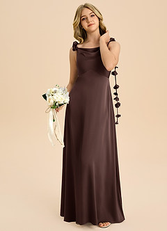 Azazie Gumdrop Junior 엠파이어 주름진 스트레치 새틴 플로어 길이 주니어 신부 들러리 드레스 image2