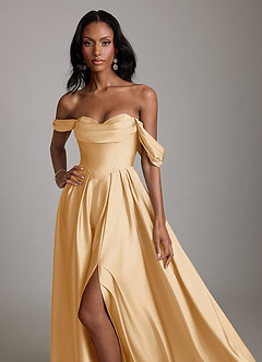 Azazie Loisa Abiti da Damigella Abito A-Line in Raso Elasticizzato a Spalla Scoperta Oro image5