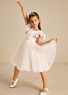 Azazie Kaeya Flower Girl Dresses White Alabaster A-Line Bow Tulle Dress image2