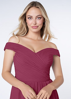 Azazie Audrianna Brautjungfernkleider Wandelbar A-Linie Schulterfrei gerafft Chiffon Kleid Maulbeerrot image5