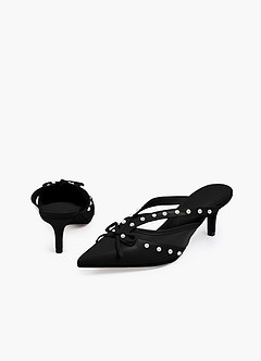 front Pearl and Bow Pointed Toe Kitten Heels