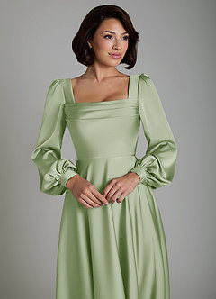 Azazie Solana Robes de demoiselle d'honneur Robe Trapèze en Satin extensible Manches longues Vert Sauge image3