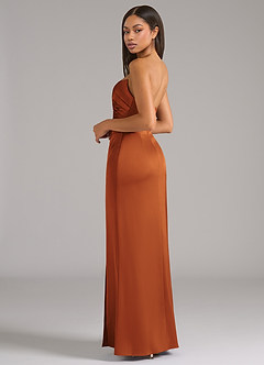 Azazie Marla Vestidos de damas de honor Vestido de Canela de Satén Elástico de Corte Recto Convertible con Sin tirantes image5