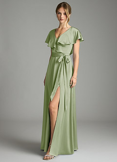 Azazie Lainey Bridesmaid Dresses Dusty Sage A-Line with Pockets Stretch Satin Dress image1