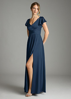 Azazie Omari Vestidos de damas de honor Vestido de Azul Marino Oscuro de Satén Elástico de Corte en A image4