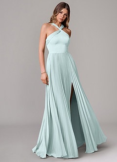 Azazie Afra Abiti da Damigella Abito A-Line in Raso Elasticizzato Plissettato Sea Glass image1