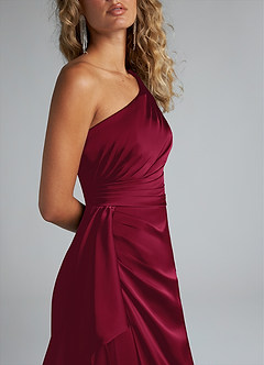 Azazie Maive Bridesmaid Dresses Burgundy Sheath Ruched Stretch Satin Dress image5