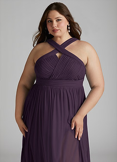 Azazie Hillian Bridesmaid Dresses Plum A-Line Halter Pleated Mesh Dress image6