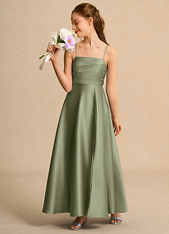 Azazie Pebbles Girls Formal Blumenmädchenkleider A-Linie Plissee Matte Satin Kleid Pistazie image4