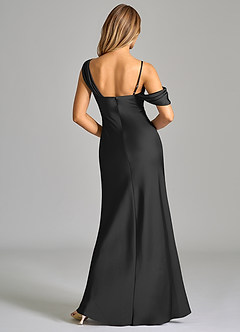 Azazie Celina Bridesmaid Dresses Black Sheath Off the Shoulder Stretch Satin Dress image2
