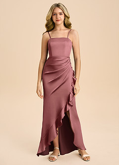 Azazie Buzzy Junior Vestido Ametista de Cetim elástico de Bainha com Plissado image3