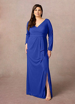 Azazie Risa Mother of the Bride Dresses Royal Blue Mermaid V-Neck Pleated Mesh Dress image6