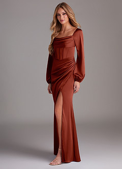 Azazie Charissa Bridesmaid Dresses Terracotta Sheath Long Sleeve Stretch Satin Dress image5
