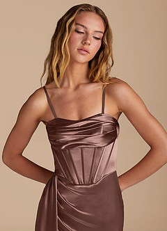 Azazie Amyra Kleider zum Anprobieren zu Hause Wandelbar Meerjungfrau-Linie Herzausschnitt Metallischer Satin Kleid Rotbraun image2