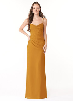 Azazie Mai Bridesmaid Dresses Butterscotch Sheath Pleated Chiffon Dress image1