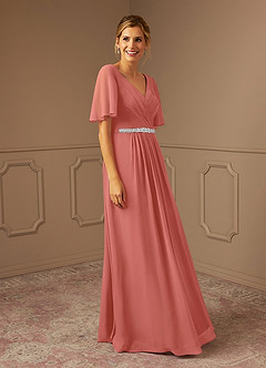 Azazie Tricia Mother of the Bride Dresses Salmon Pink A-Line V-Neck Pleated Chiffon Dress image9
