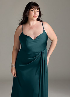 Azazie Brielle Bridesmaid Dresses Pine A-Line Cowl Spaghetti Straps Stretch Satin Dress image11