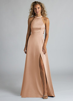Azazie Clarice Robes de demoiselle d'honneur Robe Trapèze en Satin extensible Col Haut Rose Perle image4