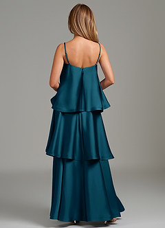 Azazie Azalea Vestidos de damas de honor Vestido Azul Tinta de Satén Elástico de Línea A con Drapeado image4