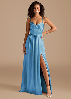 Azazie Zeya Bridesmaid Dresses Steel Blue A-Line Pleated Metallic Satin Dress image7