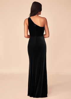 Azazie Argan Bridesmaid Dresses Black A-Line One Shoulder Pleated Velvet Dress image2