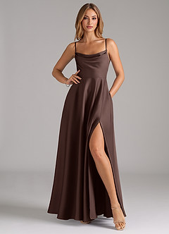 Azazie Elle Bridesmaid Dresses Ganache A-Line Pleated Stretch Satin Dress image3