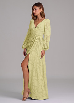 Azazie Norah Jurken voor bruidsmeisjes Jurk van Bloemen Burn-out met A-Lijn Lange mouw Citroensorbet image3