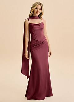 Azazie Sorrel Junior Robe Sirène en Satin extensible Rayé Merlot image3