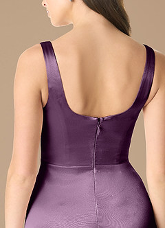 Azazie Joyce Bridesmaid Dresses Plum A-Line Side Slit Metallic Satin Dress image5
