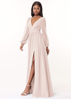 Azazie Norah Bridesmaid Dresses Rose Petal A-Line V-Neck Long Sleeve Chiffon Dress image4