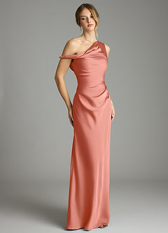 Azazie Emerson Vestidos de damas de honor Vestido Rosa Salmón de Satén Elástico de Corte Sirena con Hombros descubiertos image5