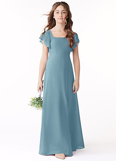 Azazie Bondi Junior Moody Blue A-Line Bow Chiffon Dress image2