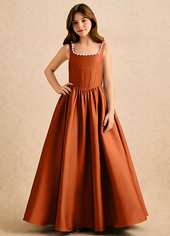 Azazie Enid Girls Formal Blomsterpigekjoler A-Line Perlebesat Stræk satin Gulv-længde Kjole image4