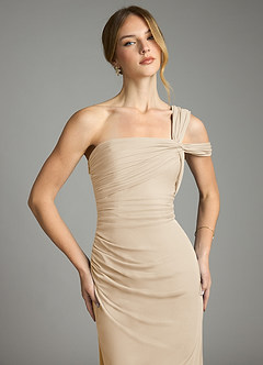 Azazie Tati Bridesmaid Dresses Champagne Sheath Off the Shoulder Mesh Dress image1
