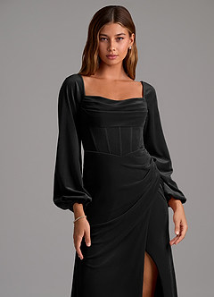 Azazie Charissa At-home Try On Dresses Black Sheath Long Sleeve Velvet Dress image6