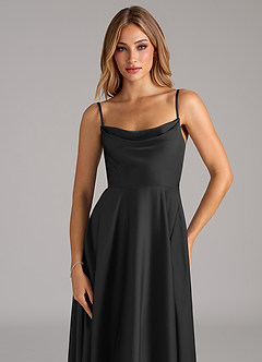 Azazie Elle Bridesmaid Dresses Black A-Line Pleated Stretch Satin Dress image2