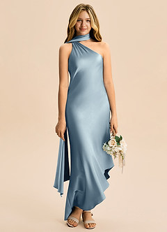 Azazie Briony Junior Vestido Azul Empoeirado de Cetim elástico de Bainha com Plissado image5