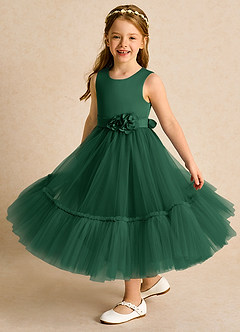 Azazie Miracle Blumenmädchenkleider A-Linie Schleifen Matte Satin Kleid Dunkelgrün image4