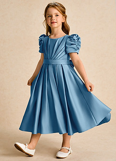 Azazie Miriam Abiti da Ragazza di Fiori Abito Principessa in Raso Opaco Plissettato Blu Acciaio image3