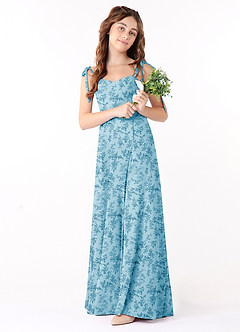 Azazie Rosey Junior Robe Trapèze en Mousseline de soie Encolure en Forme de Cœur Fougère Bleue Florale image1