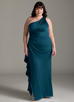 Azazie Latrice Bridesmaid Dresses Ink Blue Sheath One Shoulder Cascading Ruffles Stretch Satin Dress image6