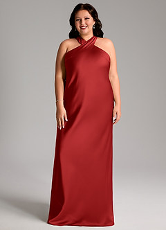 Azazie Doretta Bridesmaid Dresses Pomegranate Mermaid Pleated Stretch Satin Dress image6